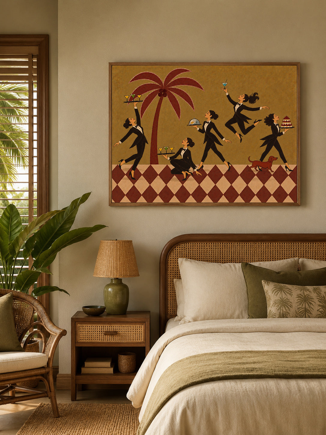 Retro Dining Room Wall Art With Palm Tree And Cocktail Servers Original Canvas