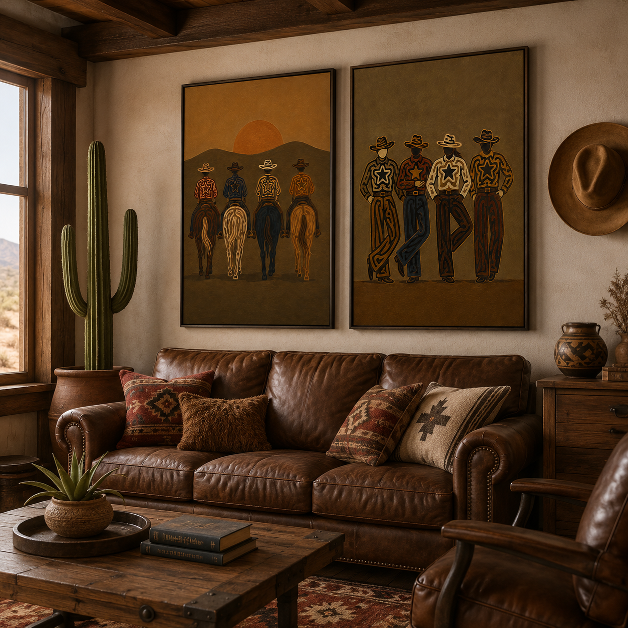 Vintage Sunset Cowboy Group Portrait Wall Art Set Of 2, Western Lifestyle Canvas Painting Vintage Cowboy Gang Decor