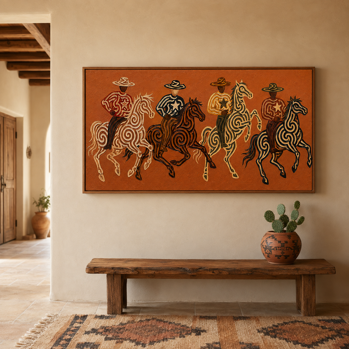 Panoramic Four Cowboy Riders Painting, Terracotta Western Horse Art, Southwestern Ranch Decor