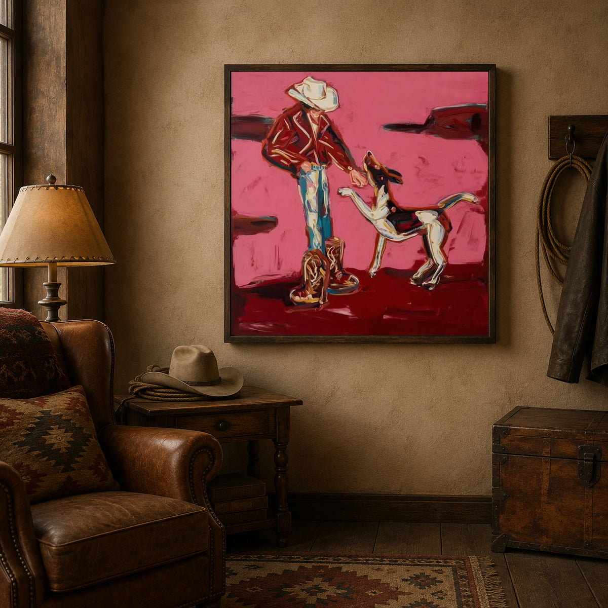 Hand-Painted Cowboy And Dog Canvas Painting In Pink Red Tones Whimsical Puppy Painting