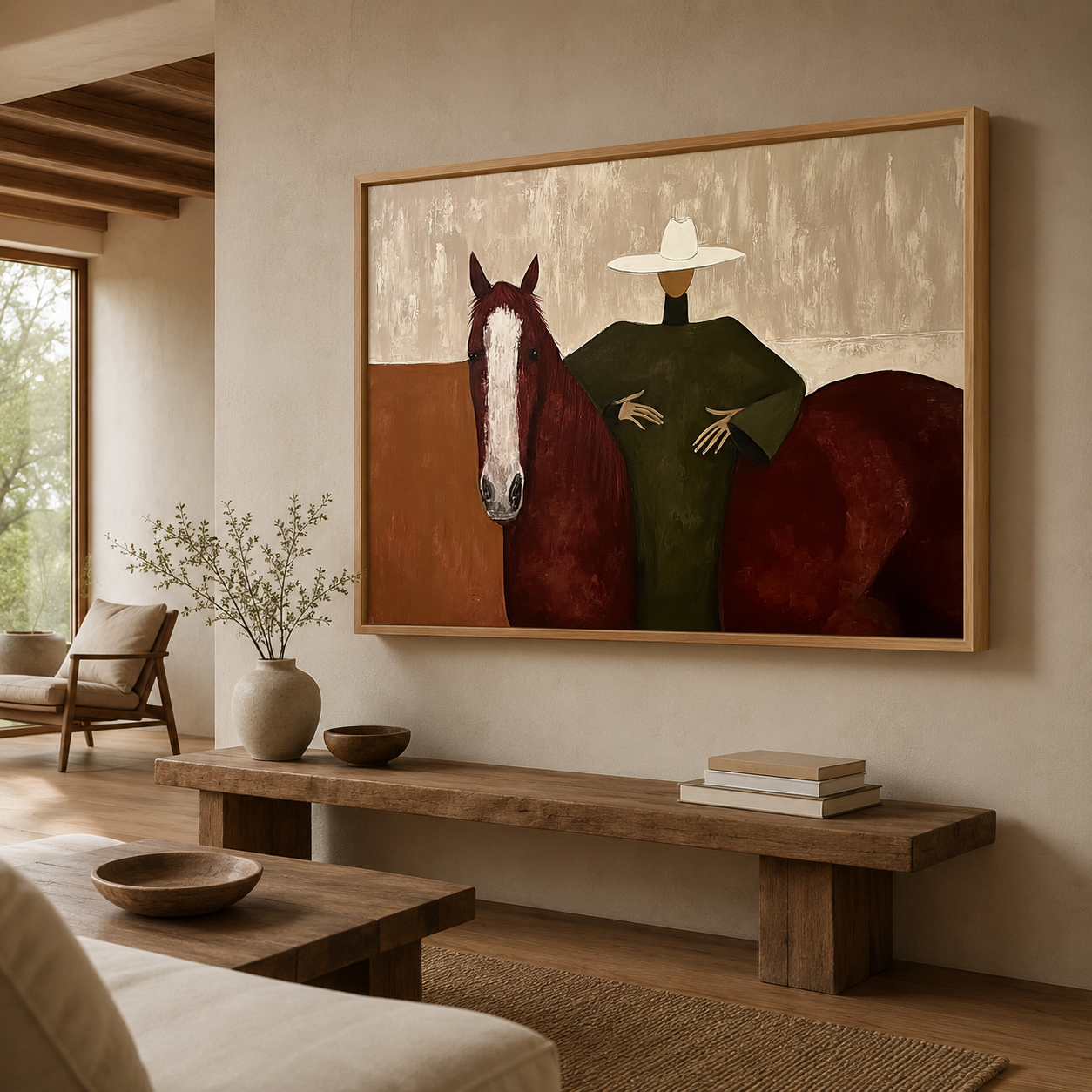 Mid Century Modern Horse Painting With Woman In Hat Square Canvas Art