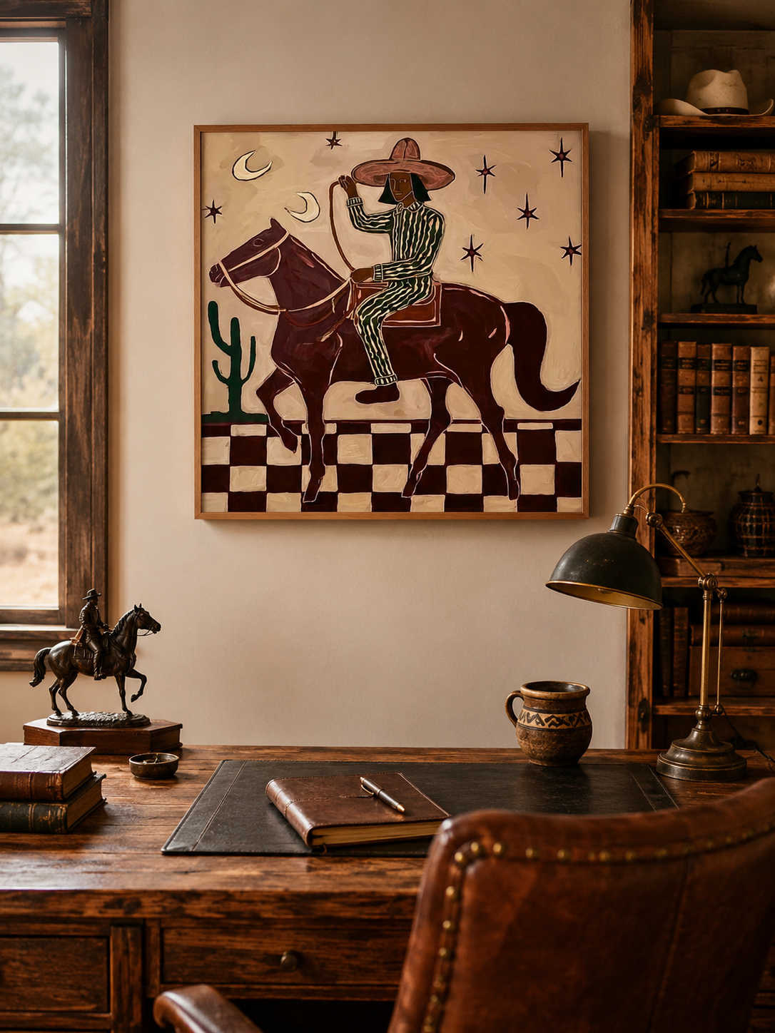Figurative Horse And Rider Painting With Checkerboard Ground In Earth Tones