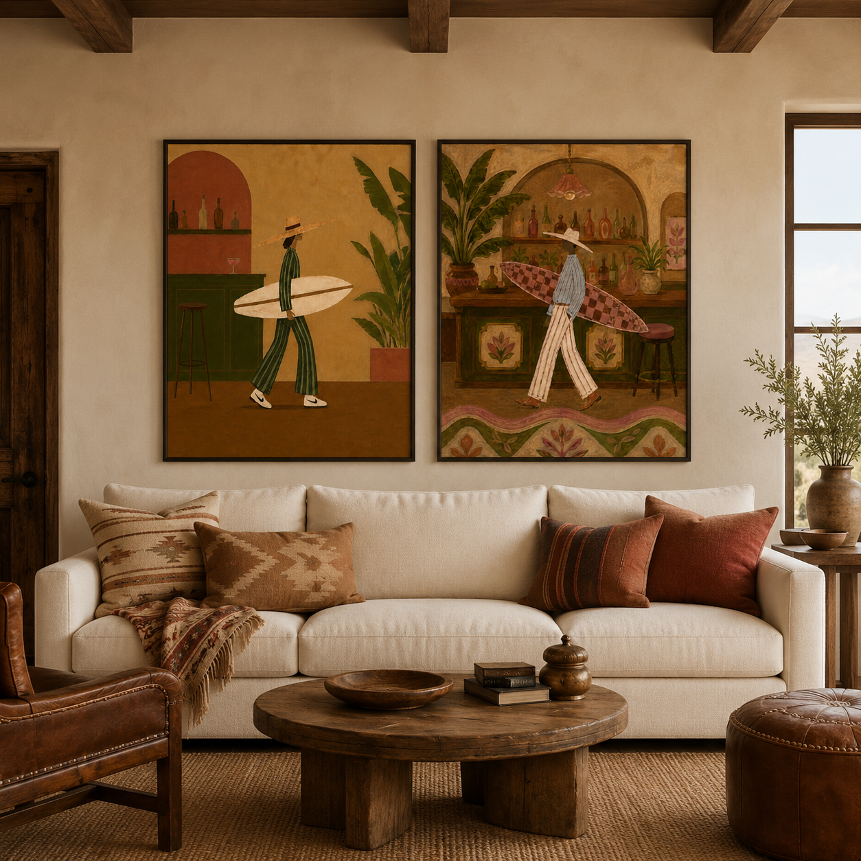 Retro Surfing And Bar Illustration Wall Art Set Of 2, Vintage Bohemian Aesthetic Canvas Painting For Living Room