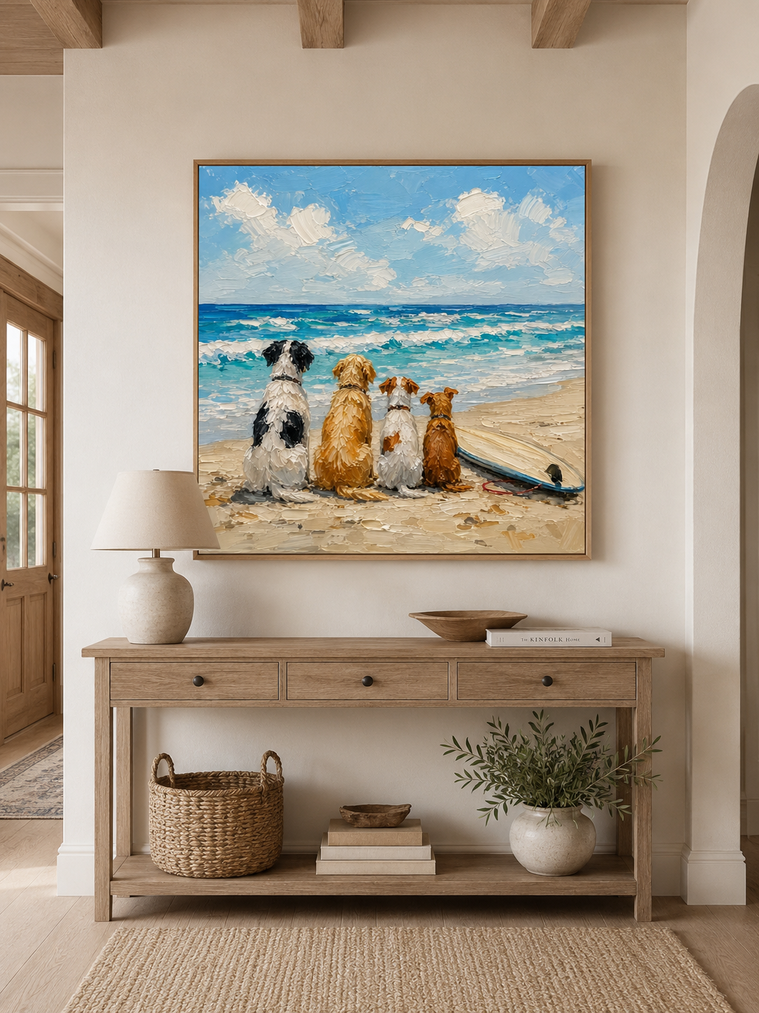 Hand Painted Dogs Watching Ocean Waves Impasto Beach Art For Dog Owners Gift