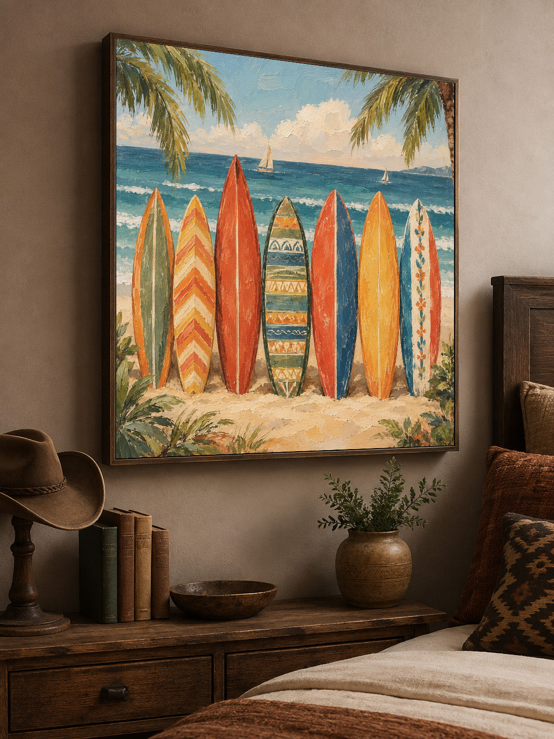 Colorful Vintage Surfboard Wall Art, Colorful Beach Oil Painting, Retro Boho Coastal Canvas
