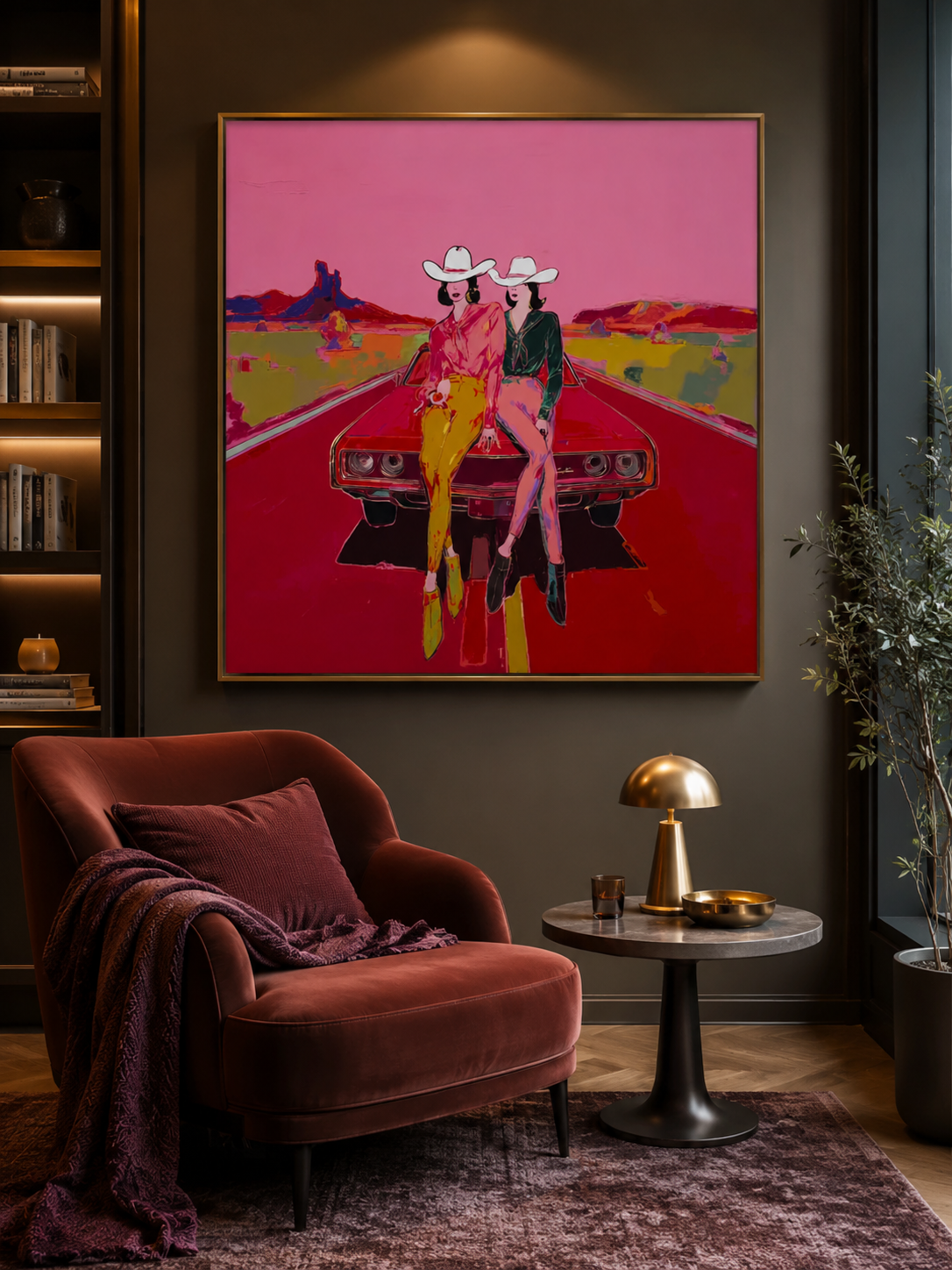 Vibrant Pink Cowgirl Pop Art Painting On Canvas For Modern Western Home Decor