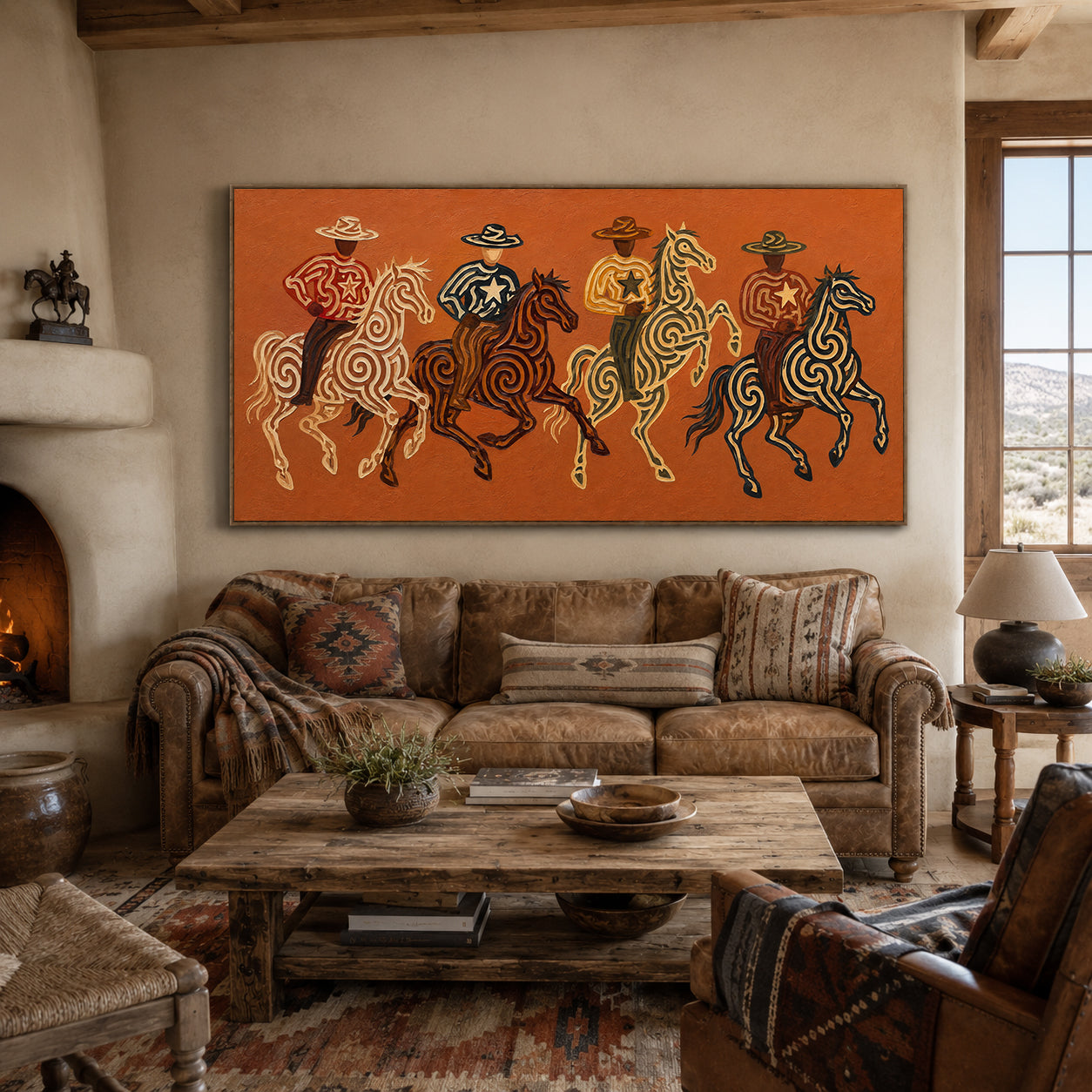 Panoramic Four Cowboy Riders Painting, Terracotta Western Horse Art, Southwestern Ranch Decor