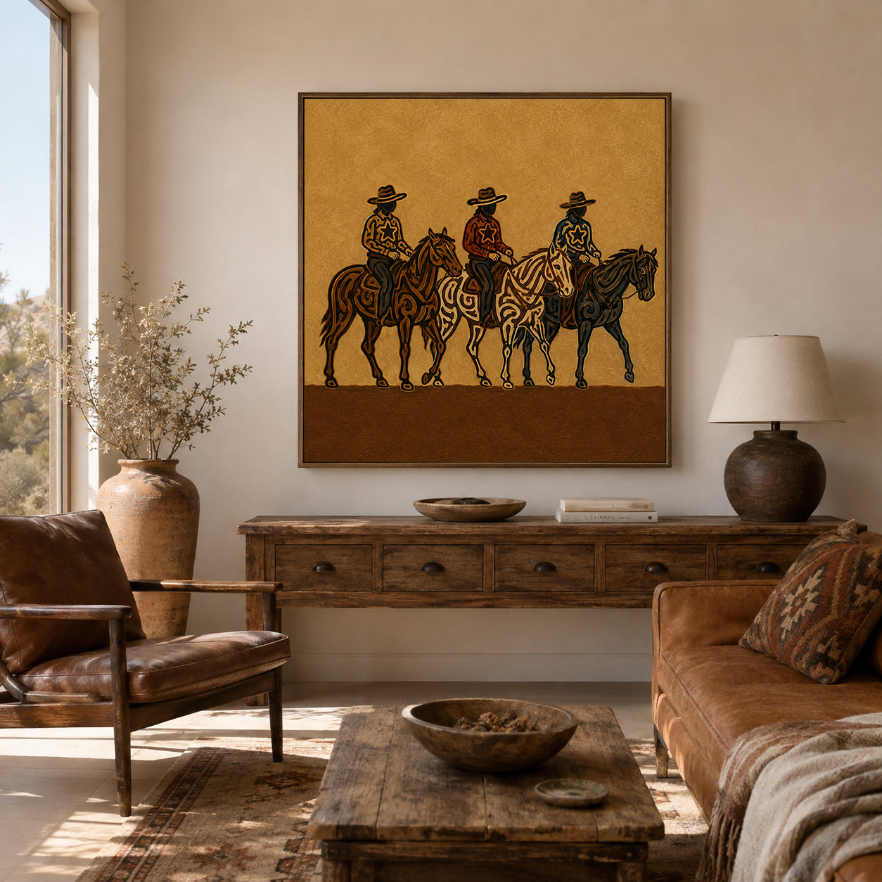 Three Cowboys Horse Painting, Western Ranch Riders, Southwestern Folk Wall Art For Home