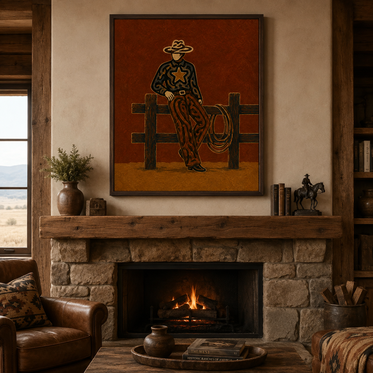 Vintage Cowboy Painting, Western Ranch Wall Art, Rustic Southwestern Rodeo Home Decor