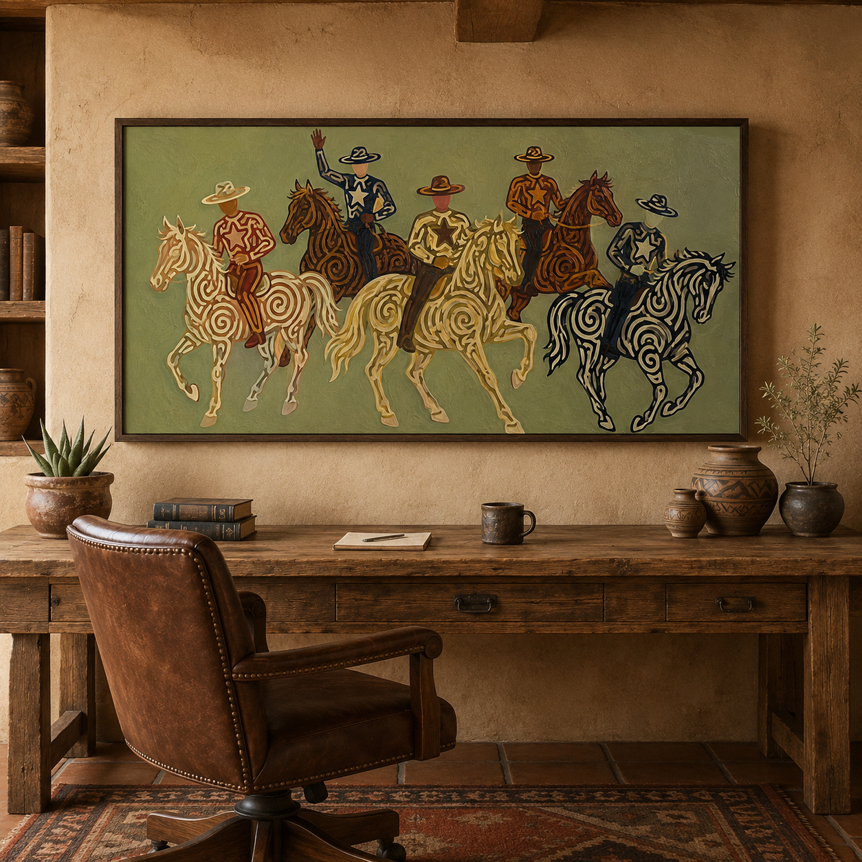 Olive Green Cowboy Riders Painting, Panoramic Western Horse Art, Modern Southwestern Decor