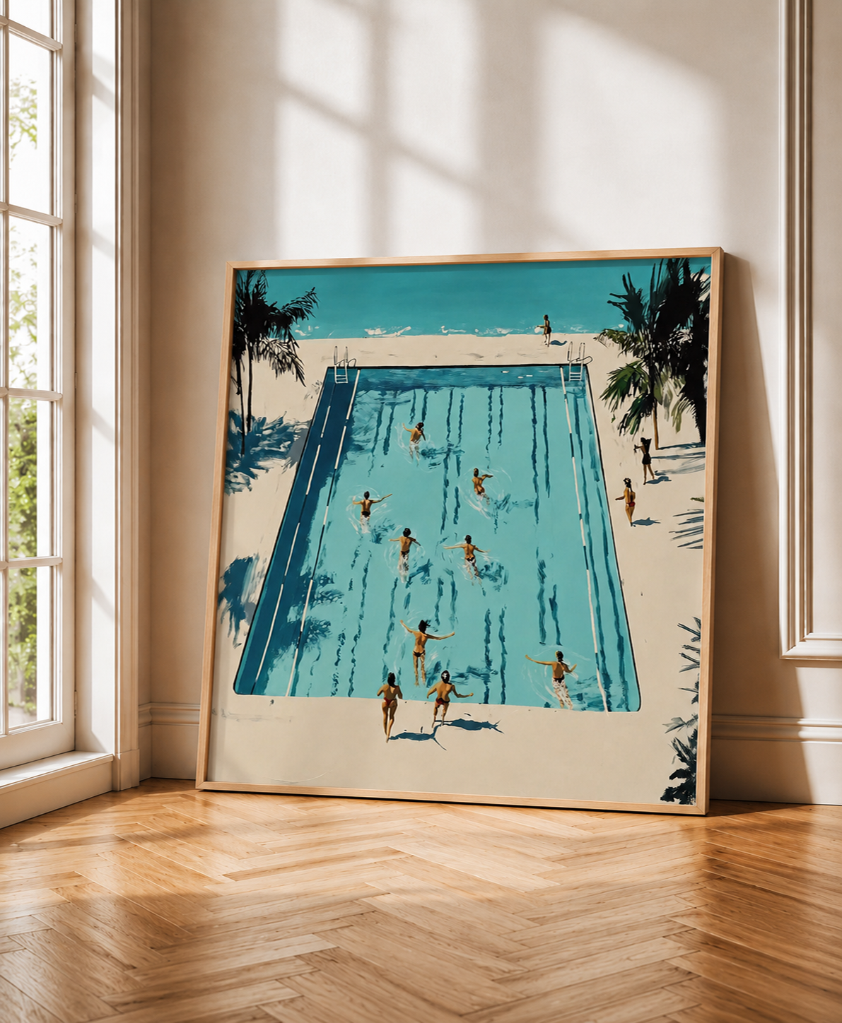 Vintage Pool Painting With Palm Trees For Modern Living Room Wall Decor Large Square Canvas