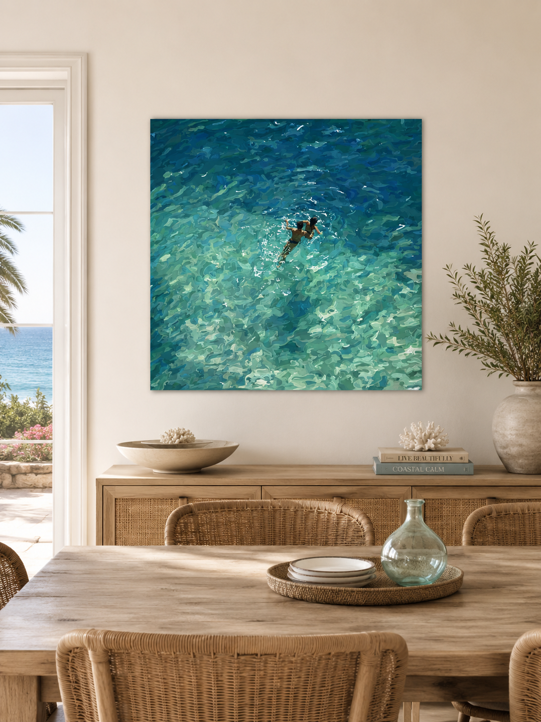Couple Swimming In Clear Sea Oil Painting Modern Beach Wall Art For Living Room Decor