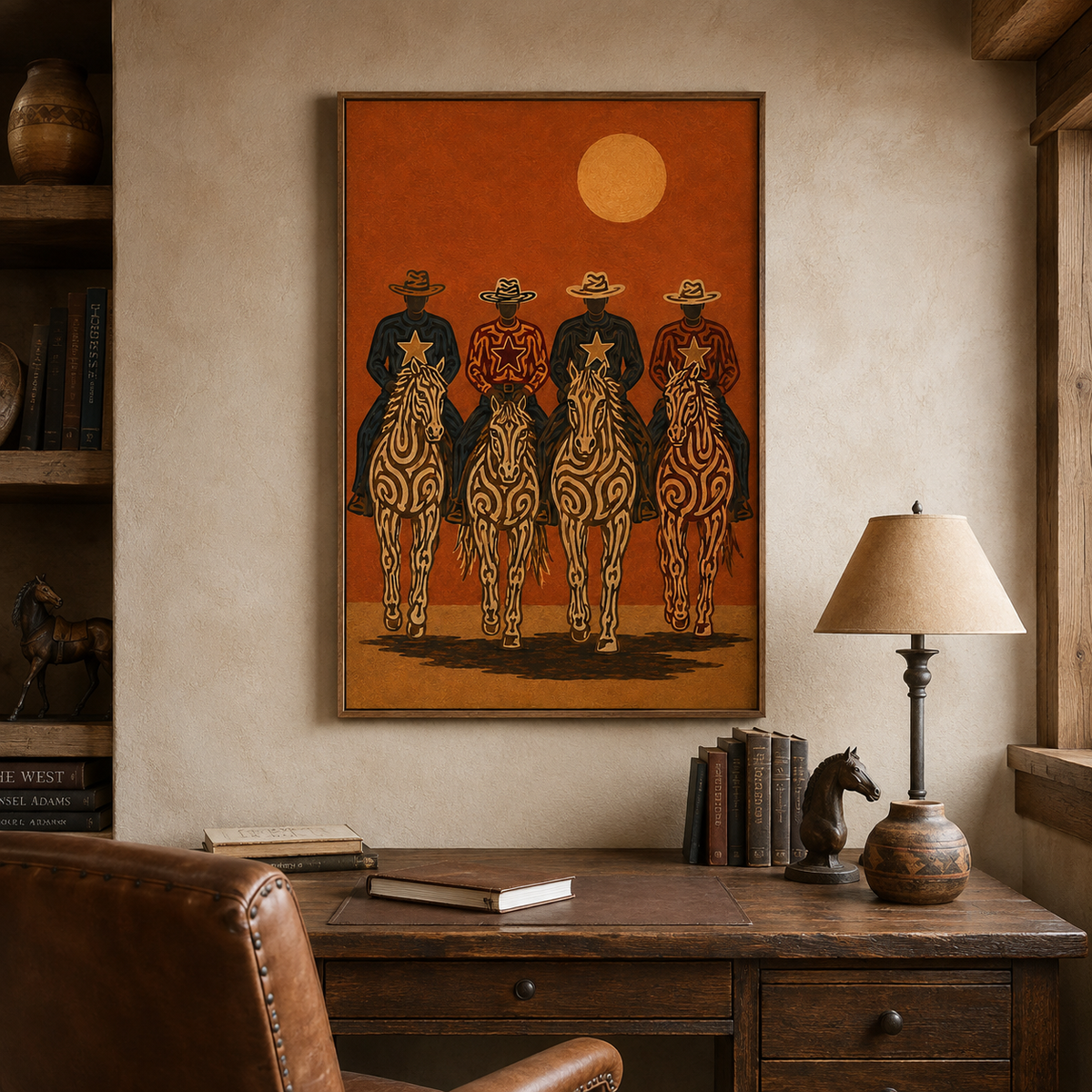 Cowboy Riders Oil Painting, Burnt Orange Western Wall Art, Rodeo Ranch Hand Painted Decor