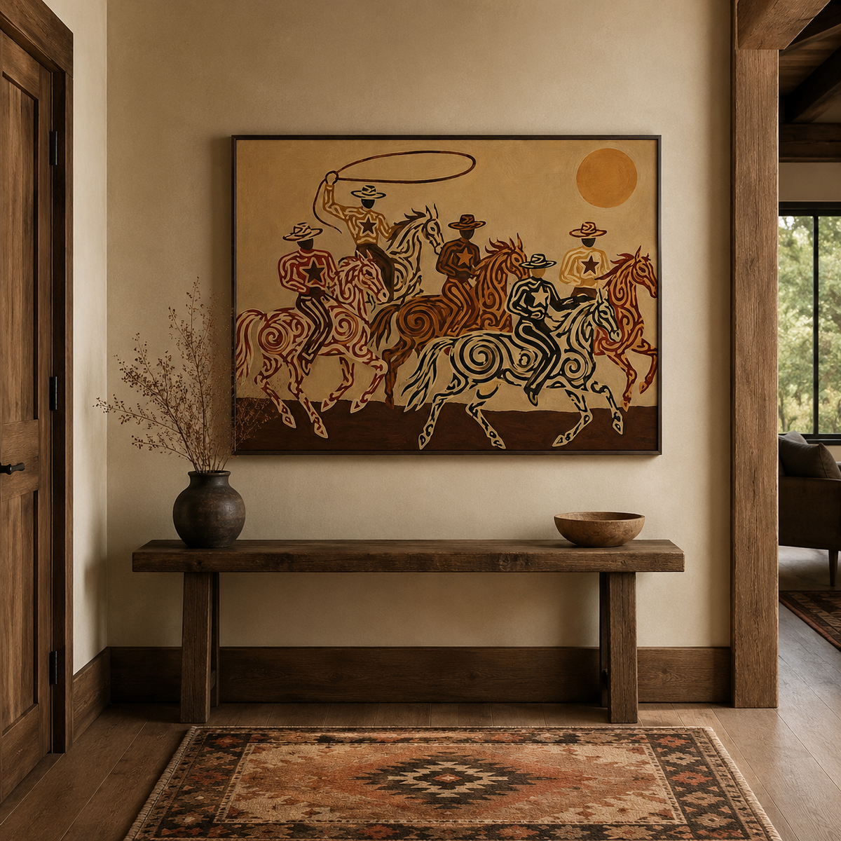 Cowboy And Horse Canvas Painting Hand-Painted Western Art In Brown Tones