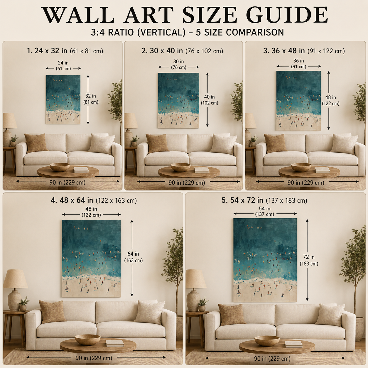 Retro Beach Painting With Minimalist Figures In Teal And Beige For Modern Living Room Wall Art