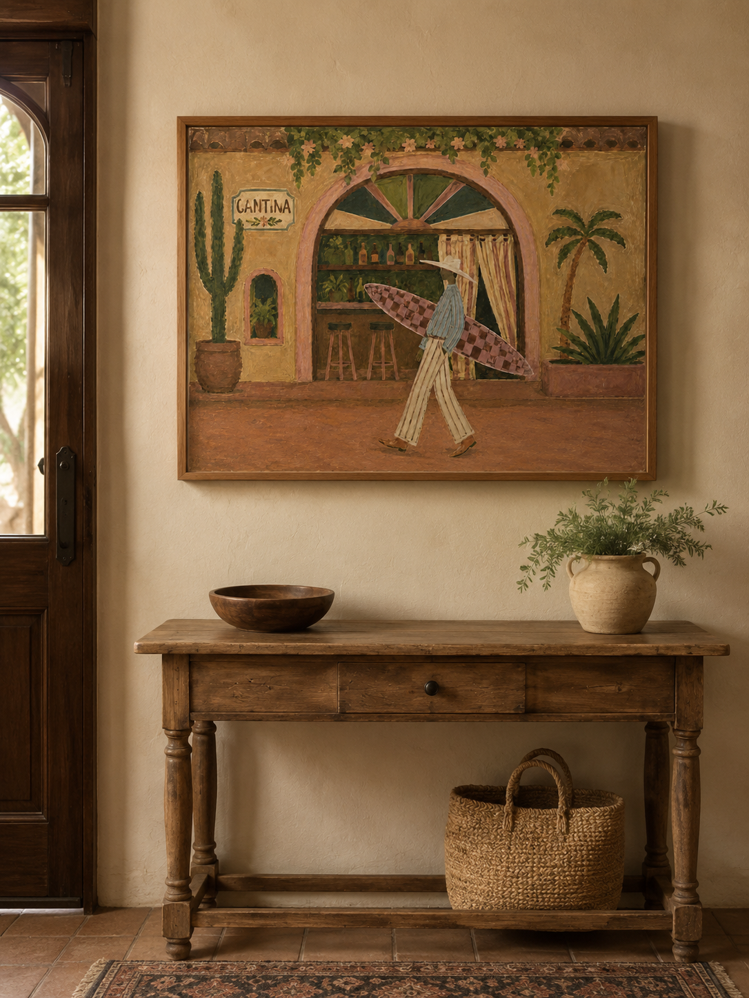 Retro Surfer Cantina Painting For Beach House Decor Cantina Wall Art, Western Coastal Surf Decor