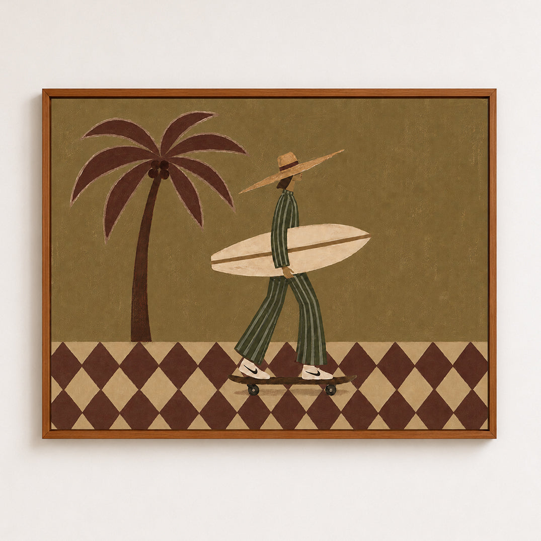 Retro Surf Art With Palm Tree And Skateboard For Modern Living Room Wall Decor