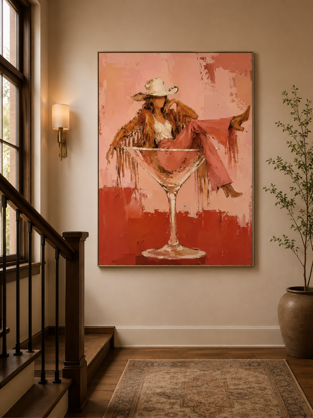 Unique Pink And Red Wall Art Modern Cowboy Theme Painting For Bedroom