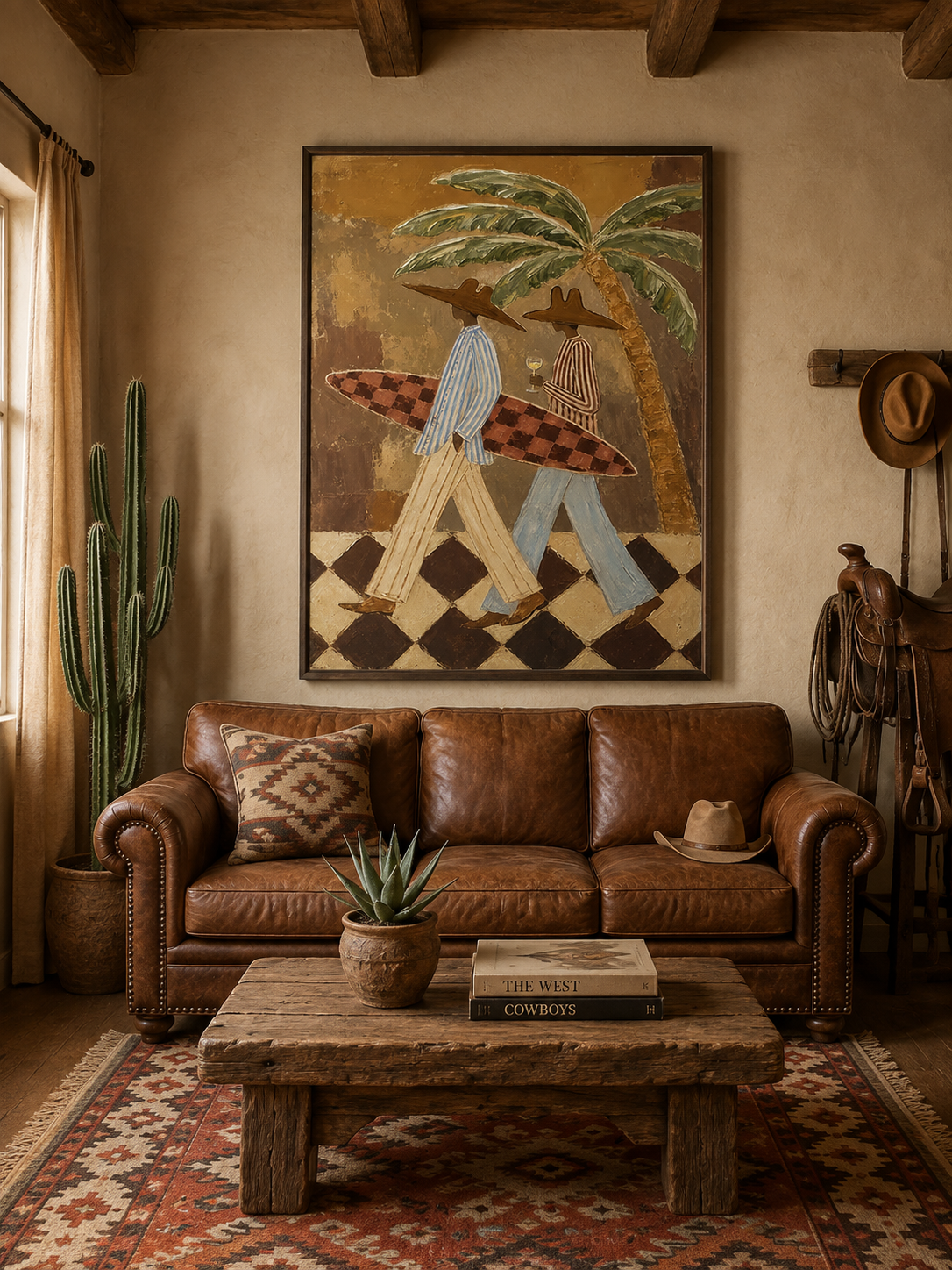 Figurative Summer Vacation Art With Checkered Surfboard And Tropical Palms