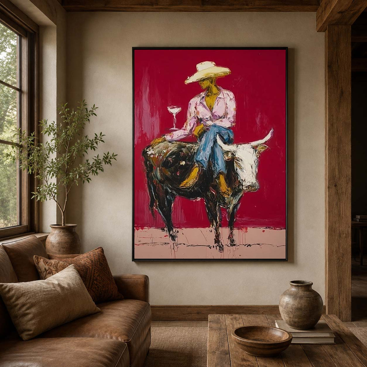 Cowgirl Wall Decor Cowgirl On Longhorn Hand-Painted Oil Painting In Deep Red | Western Wall Art