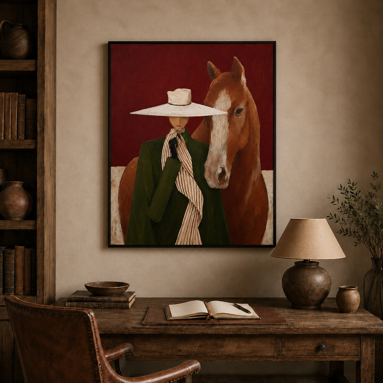 Modern Figurative Oil Painting Of Lady In Hat And Horse Unique Wall Art For Entryway And Hallway