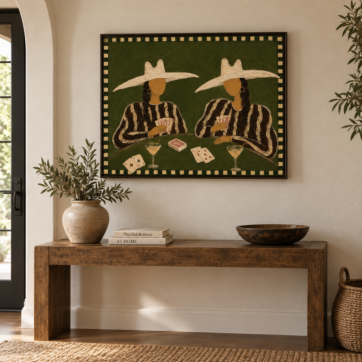 Cowgirl Poker Painting, Western Casino Wall Art With Cocktails, Dark Green Game Room Decor