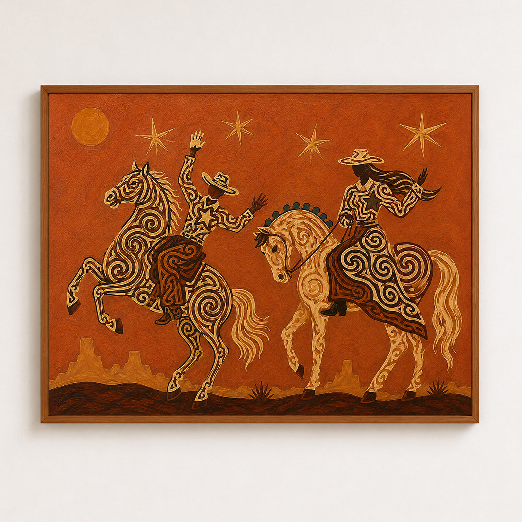 Cowboy Cowgirl Horse Painting, Orange Desert Western Folk Art, Southwestern Riders Decor