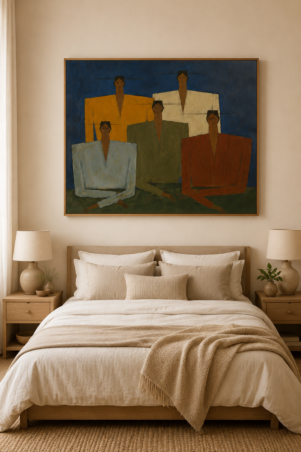 Mid-Century Modern Abstract People Group Oil Painting Large Figurative Wall Art for Modern Home