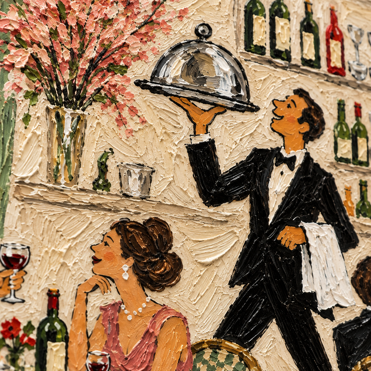 French Restaurant Wall Art, Paris Bistro Dining Scene Painting, Vintage Cafe Waiters Wine Bar Decor