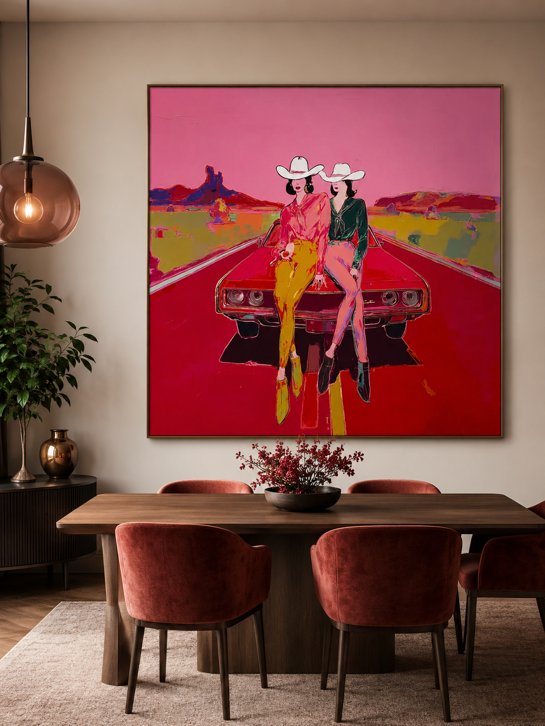 Vibrant Pink Cowgirl Pop Art Painting On Canvas For Modern Western Home Decor