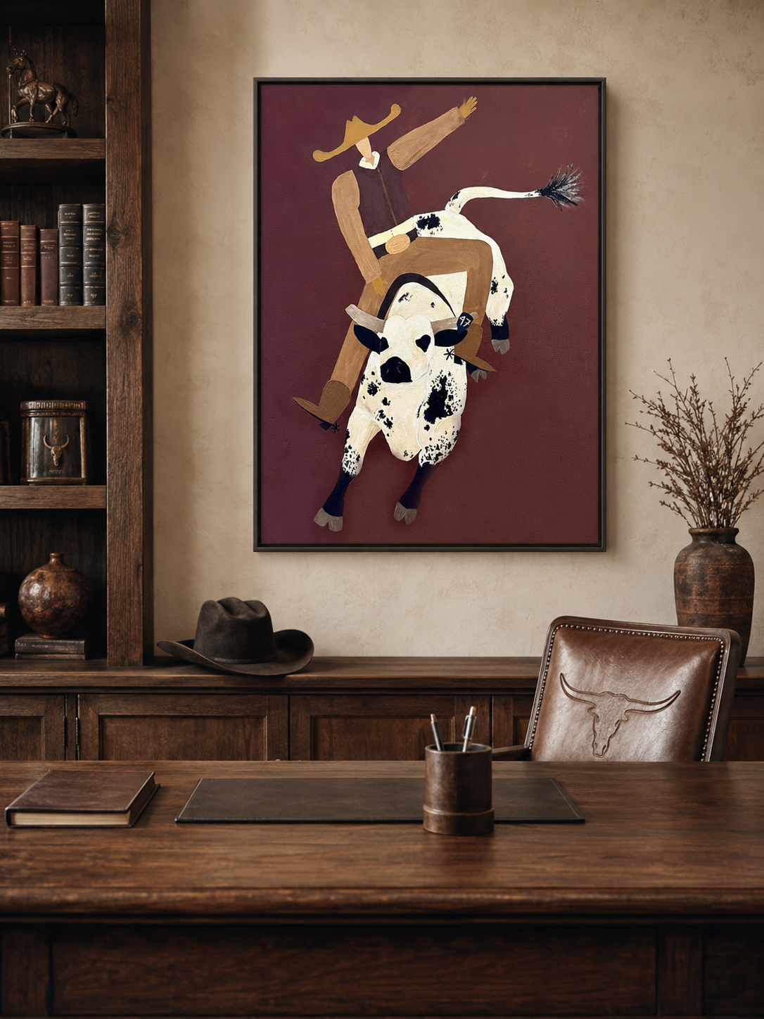 Modern Rodeo Bull Art For Man Cave Western Decor Minimalist Cowboy Painting