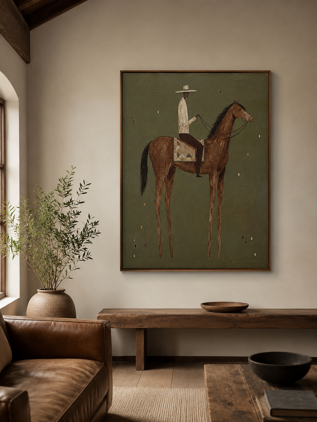 Mid Century Modern Horse Art With Minimalist Cowboy In Green Frame For Living Room Decor