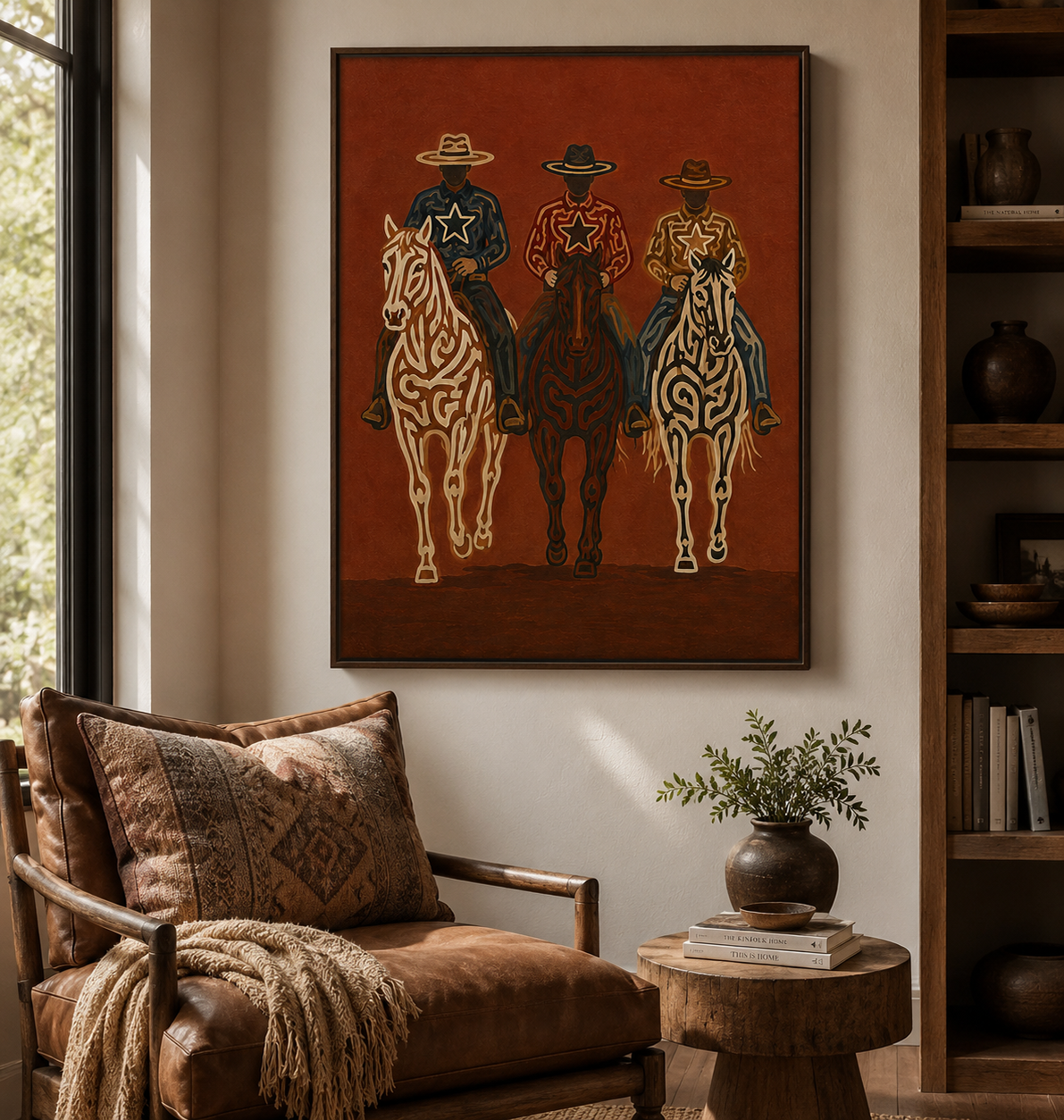 Vintage Three Cowboys Horse Painting, Western Ranch Riders, Rustic Southwestern Wall Art