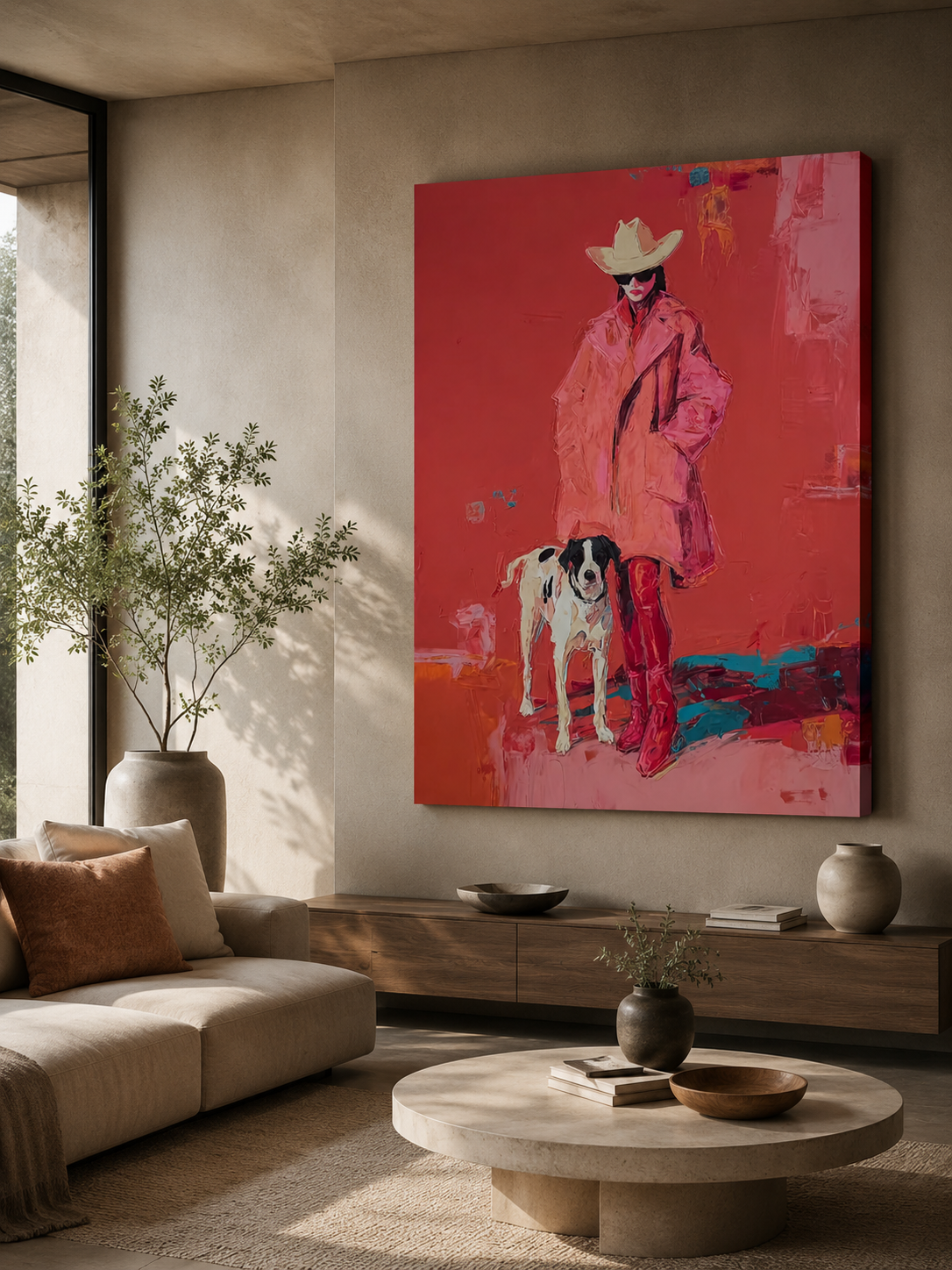 Bold Pop Art Canvas Featuring Stylish Woman With Spotted Dog In Vibrant Red Colors