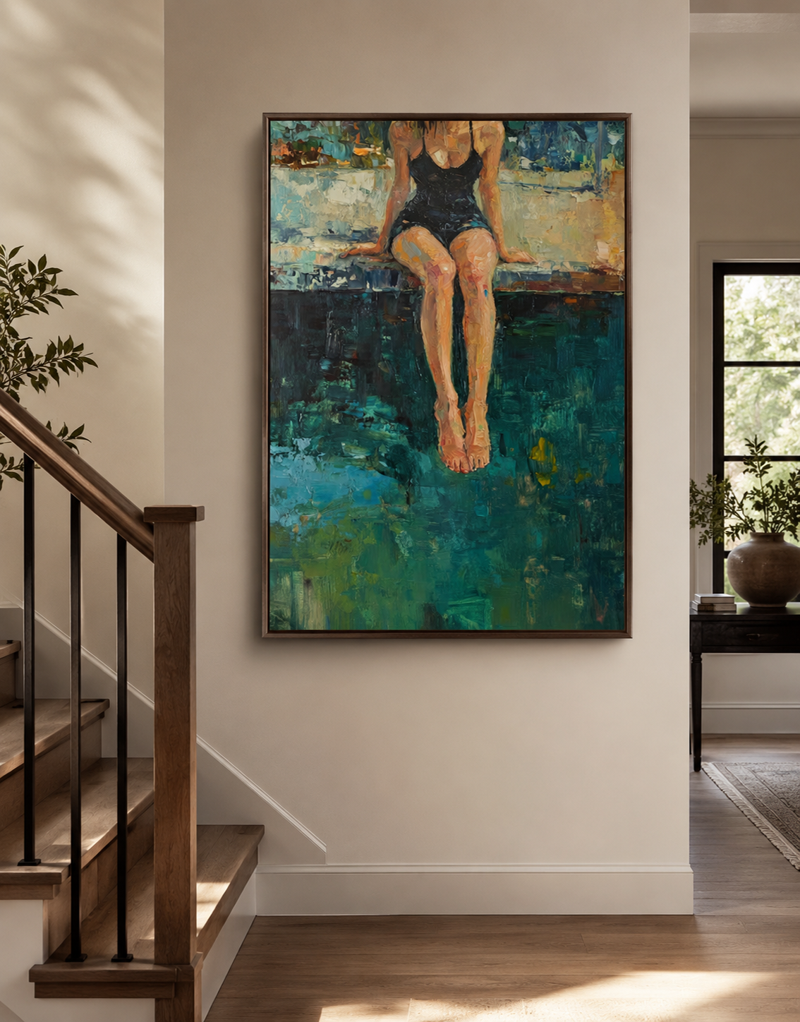 Original Figurative Oil Painting Of Woman By Pool With Rich Green Tones For Modern Home Decor