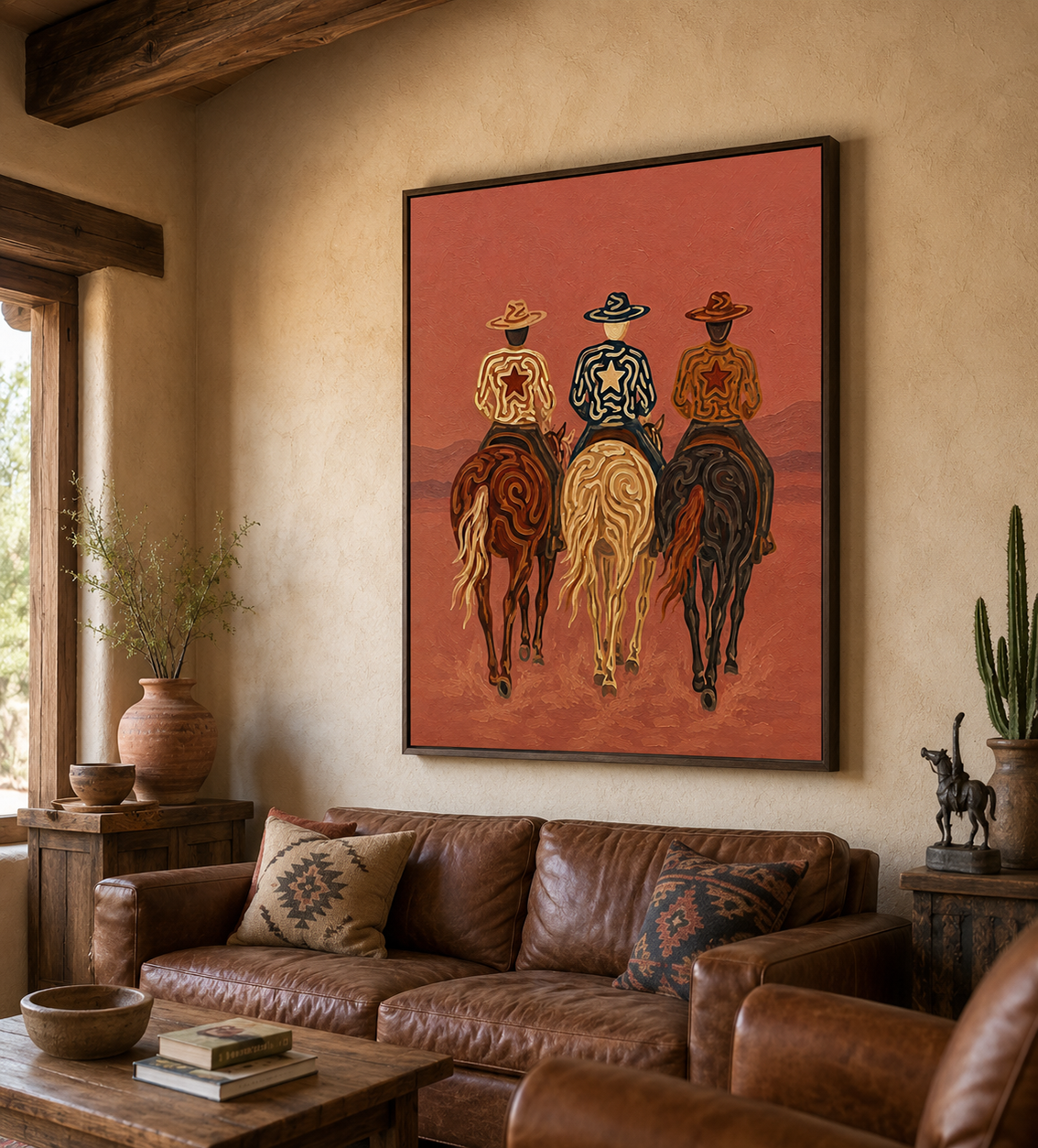 Pink Western Cowboys Painting, Desert Horse Riders, Southwestern Landscape Wall Art
