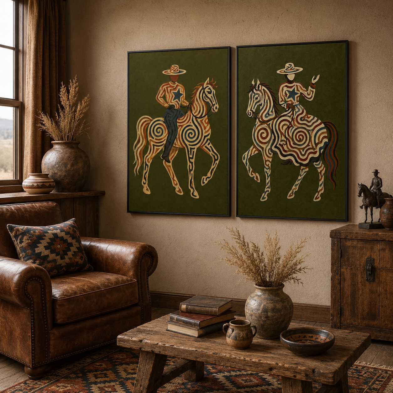 Vintage Patterned Tribal Horse And Cowboy Wall Art Set Of 2 For Living Room Wall Decor