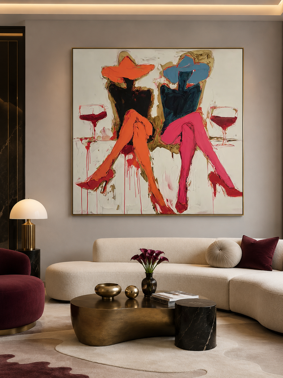 Stylish Fashion Girl Oil Painting With Orange Pink Tones For Living Room Decor