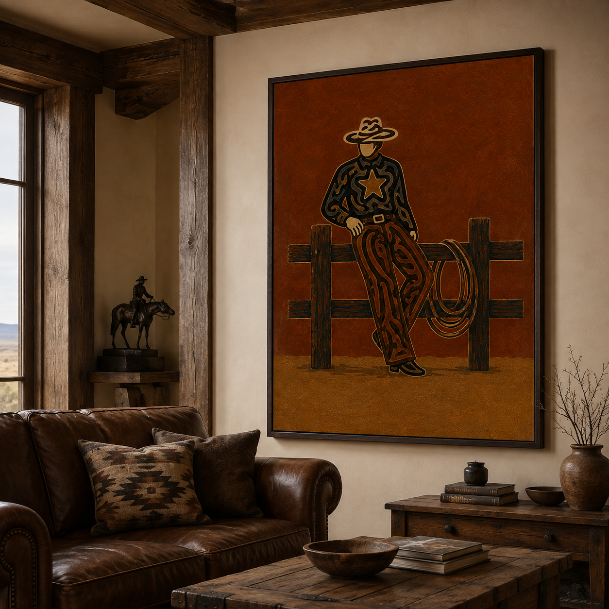 Vintage Cowboy Painting, Western Ranch Wall Art, Rustic Southwestern Rodeo Home Decor
