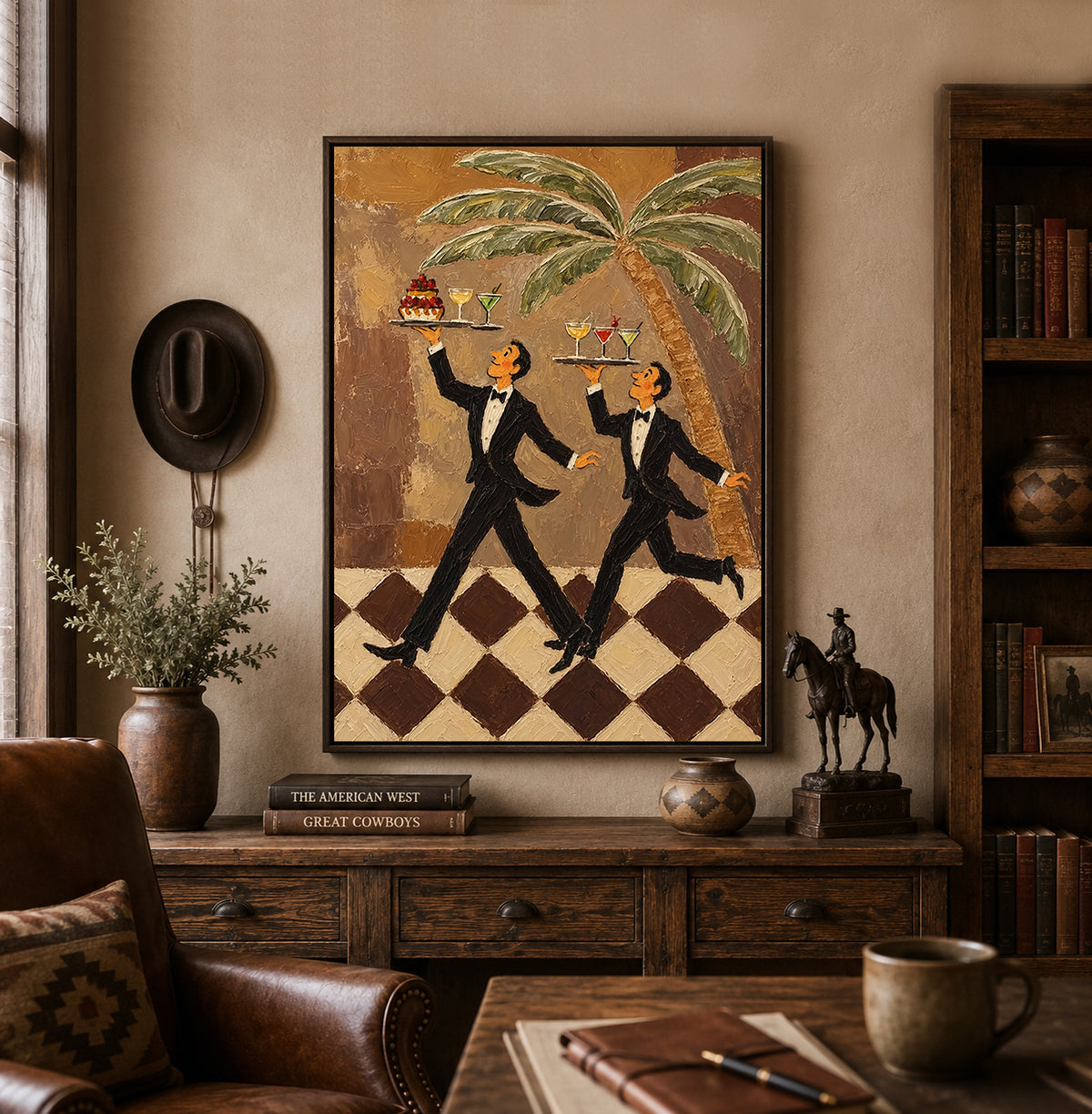 Tuxedo Waiter Canvas Art,Retro Bar Painting, Brown Checkered Floor Artwork