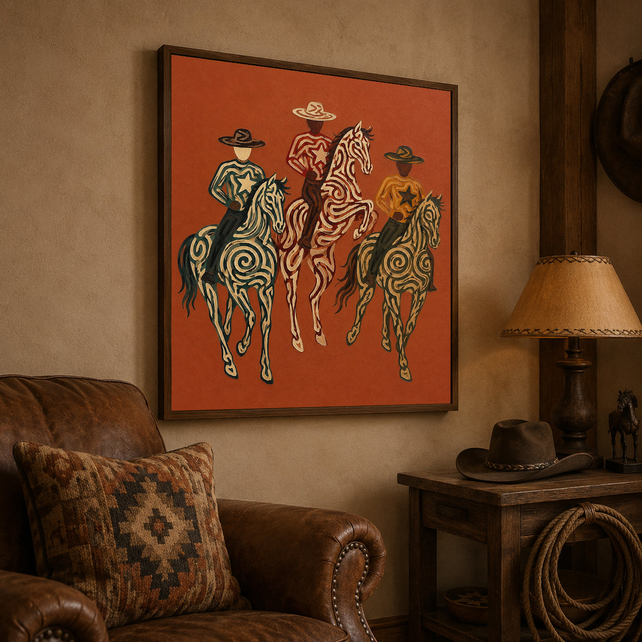 Red Western Cowboys Painting, Desert Horse Riders, Southwestern Ranch Landscape Wall Art