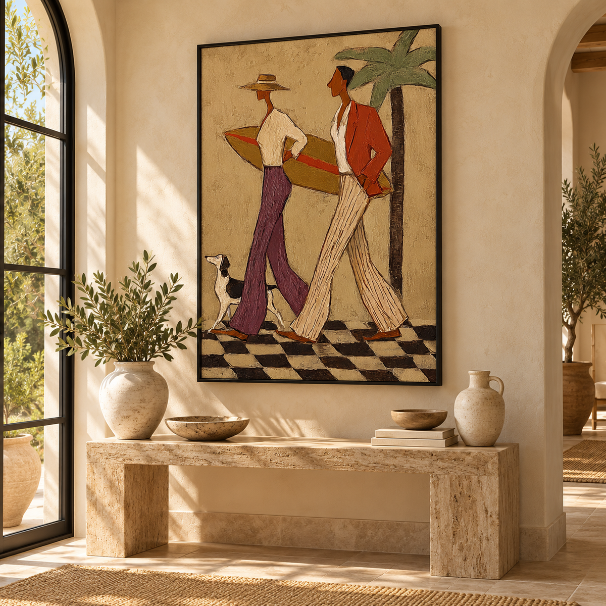 Retro Coastal Couple With Surfboard Canvas Art, Checkered Floor Palm Tree Wall Decor, Vintage Surfing Dog Painting