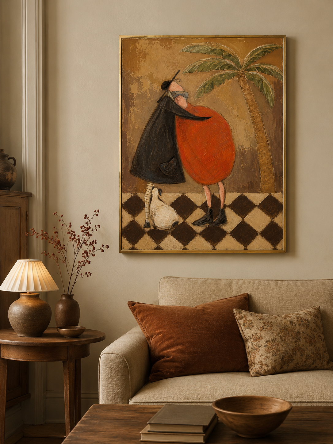 Vintage Tropical Wall Art With Two Figures In Brown Tones For Modern Living Room Decor
