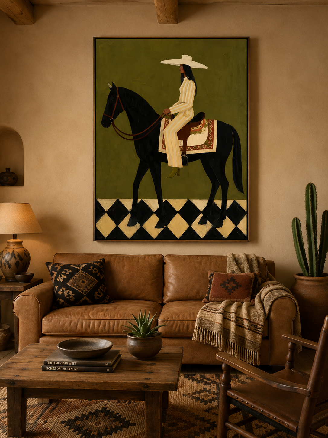Retro Equestrian Art Painting Olive Green Background Woman On Horse Wall Decor