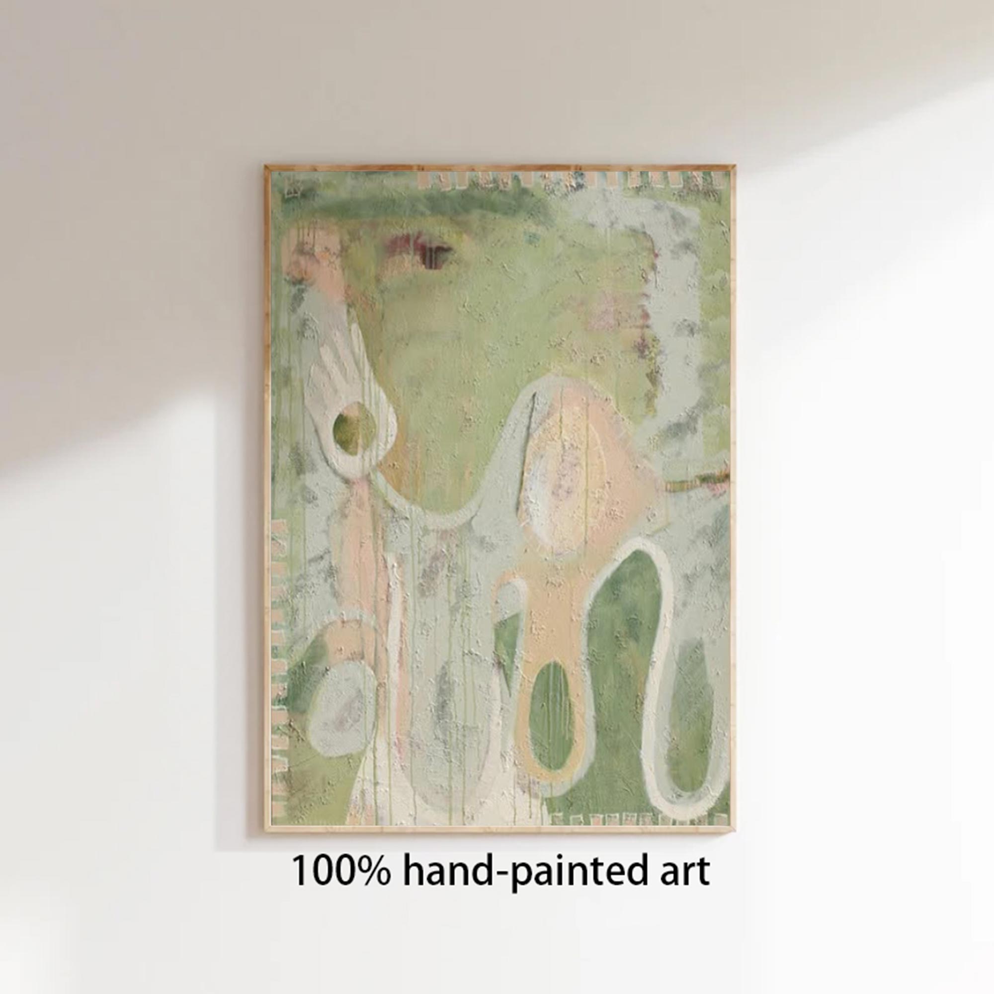 Hand-painted artwork with abstract design on a white wall, labeled '100% hand-painted art'.