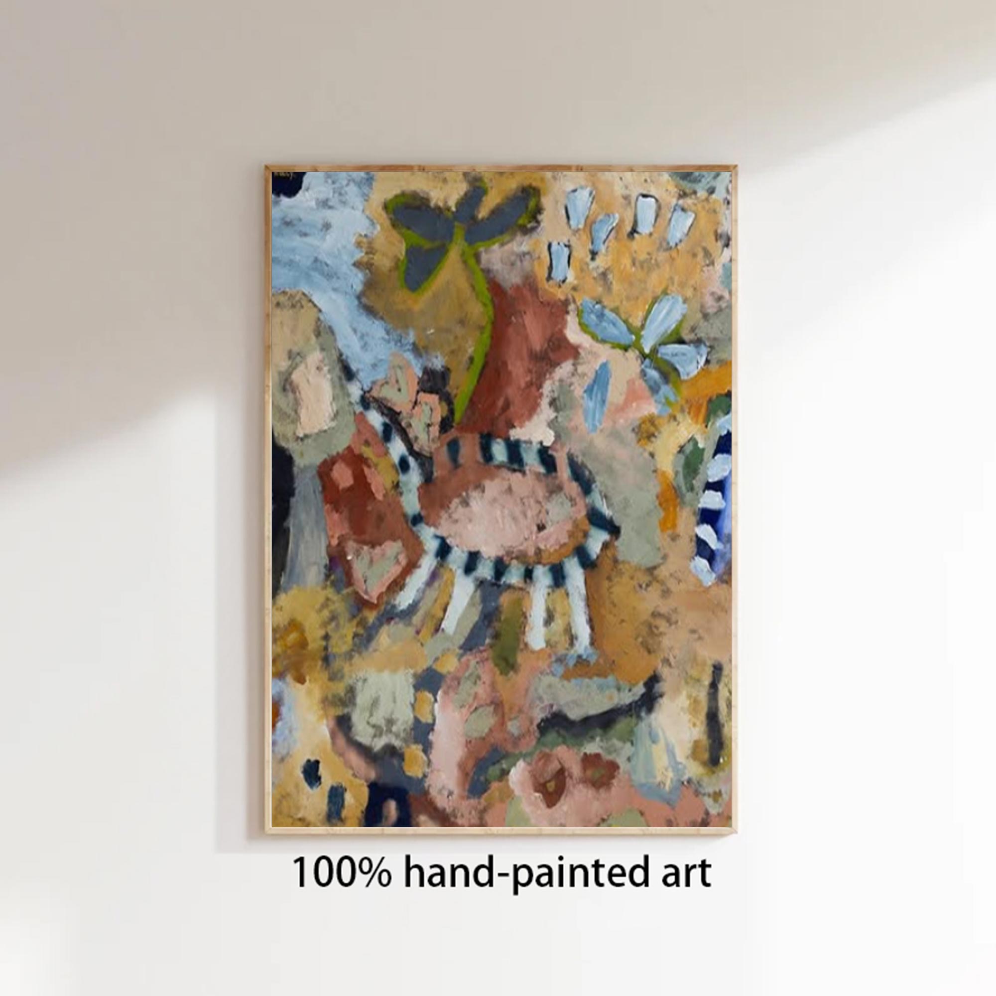 Abstract hand-painted art piece on a white wall with '100% hand-painted art' text.