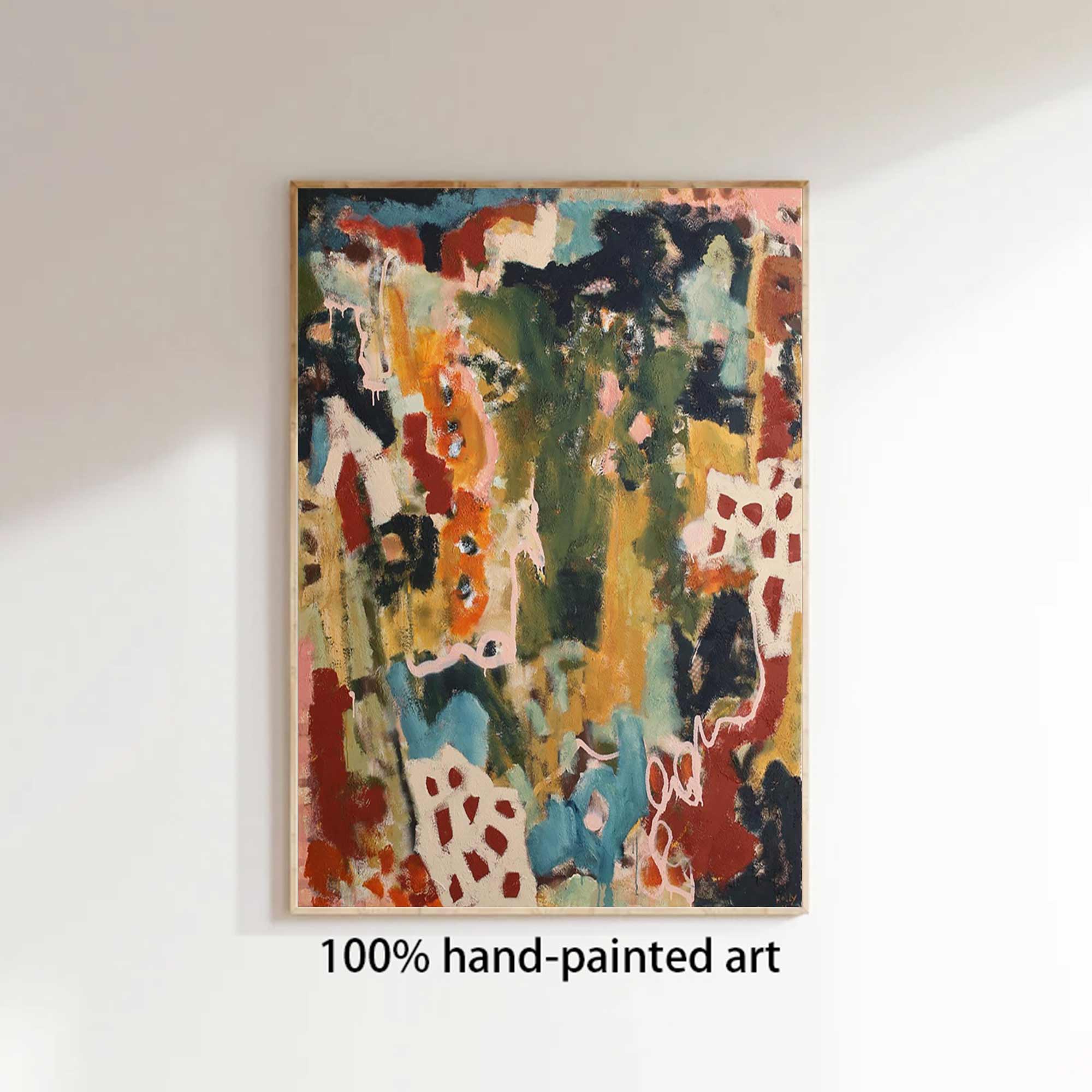 Abstract hand-painted artwork on a white wall with '100% hand-painted art' text.