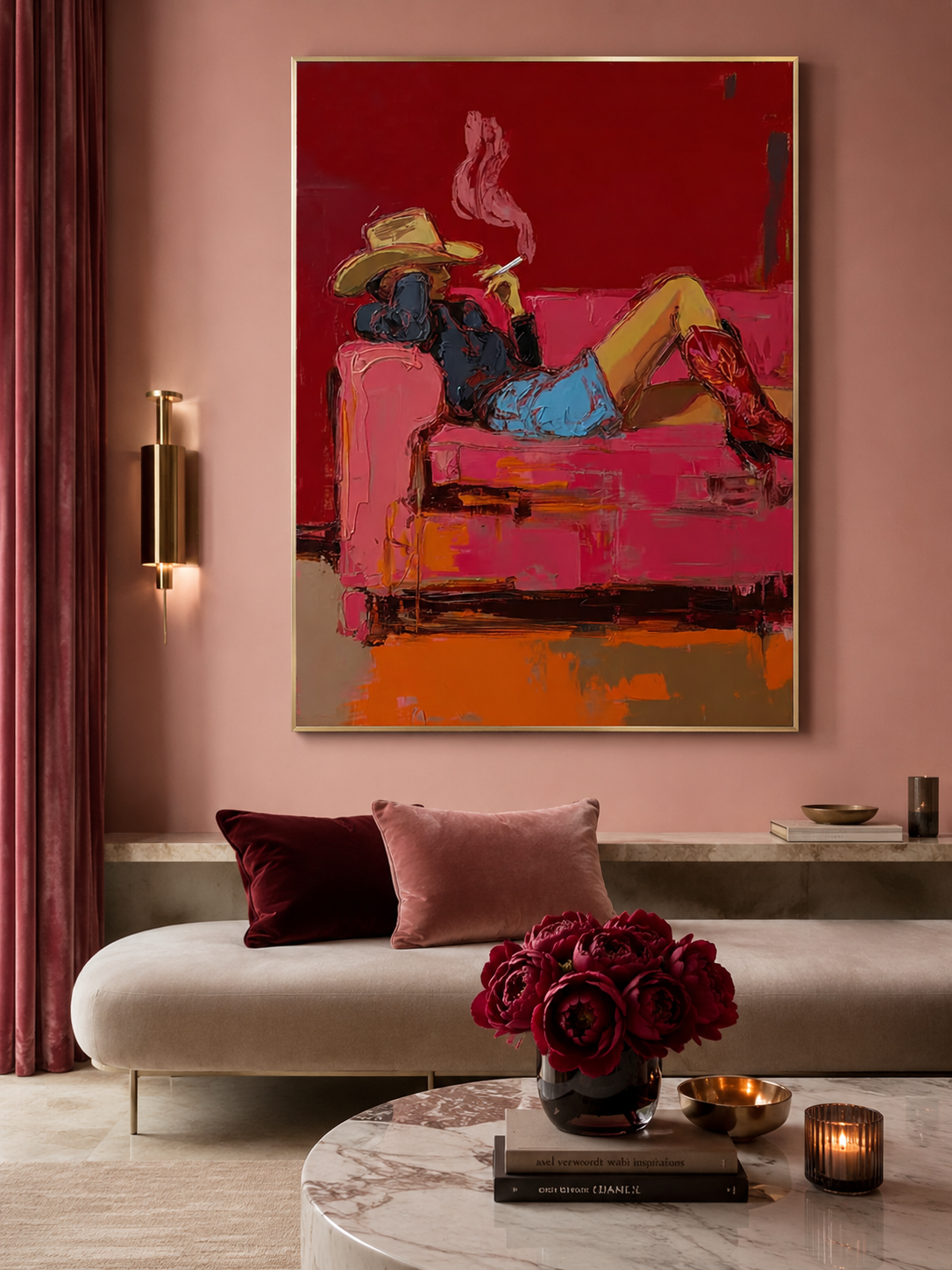 Modern Western Art Painting Of Cowgirl Smoking In Red For Living Room Decor