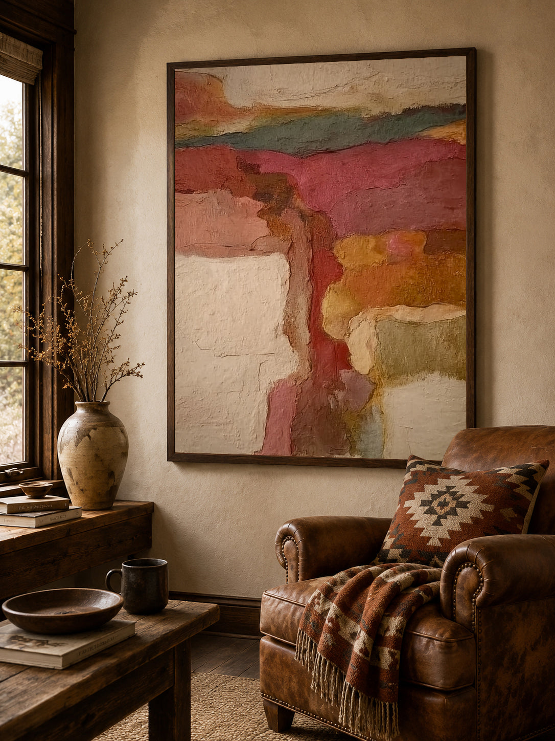 Abstract Earth Tone Canvas Painting With Textured Vintage Landscape Art