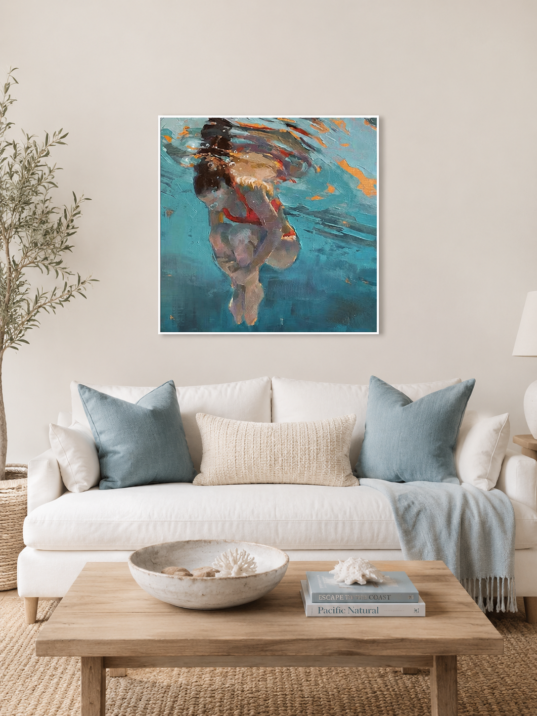 Modern Feminist Underwater Figure Painting With Red Swimsuit Expressive Oil Art For Living Room Decor